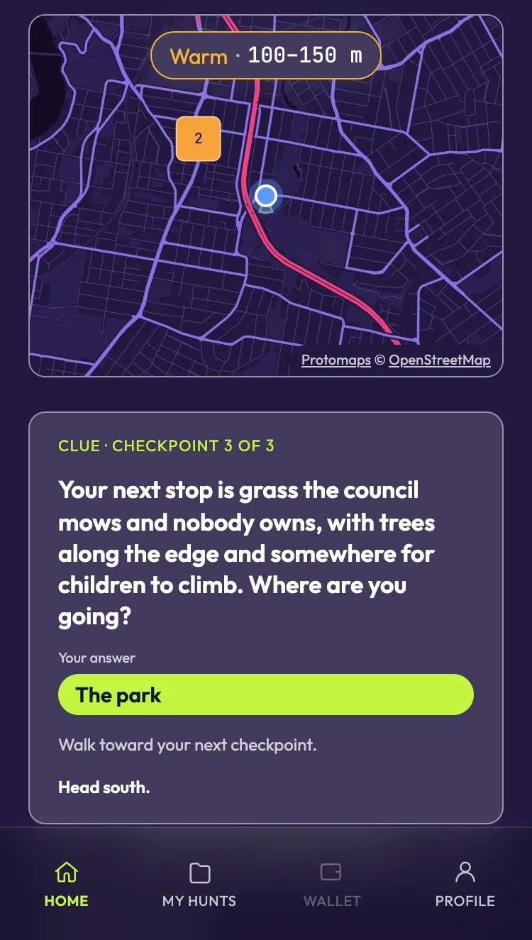 The live hunt map, with a hunter closing in on the next checkpoint